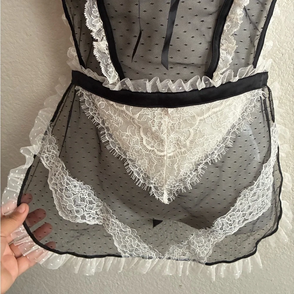 Victoria's Secret Black & White Lace Sheer French Maid Apron Lingerie L